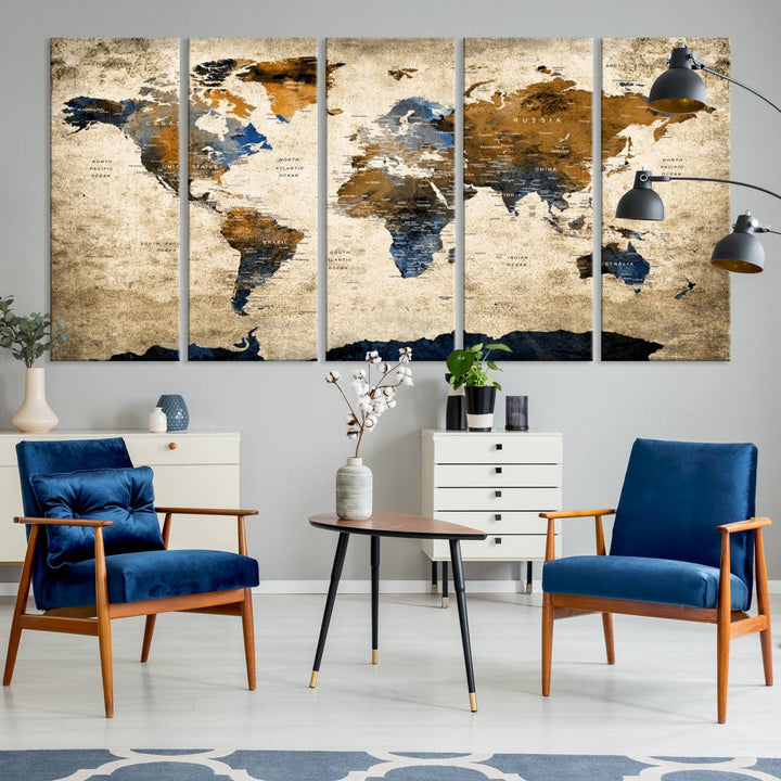 51140-MGV-CV-36X24-Vintage World Map Canvas Print - Framed, Ready to Hang, Rustic Global Map Art for Home and Office Decor
