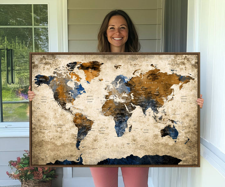 51140-MGV-CV-36X24-Vintage World Map Canvas Print - Framed, Ready to Hang, Rustic Global Map Art for Home and Office Decor