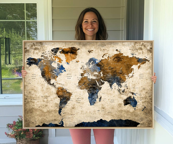 51140-MGV-CV-36X24-Vintage World Map Canvas Print - Framed, Ready to Hang, Rustic Global Map Art for Home and Office Decor