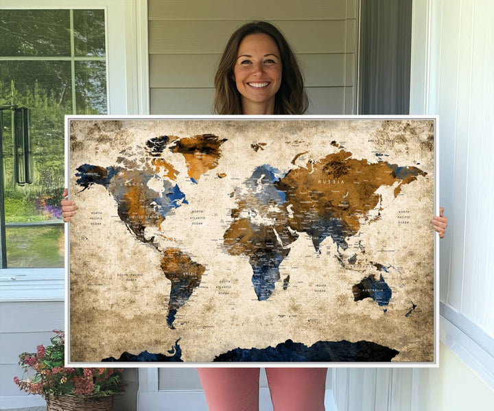 51140-MGV-CV-36X24-Vintage World Map Canvas Print - Framed, Ready to Hang, Rustic Global Map Art for Home and Office Decor