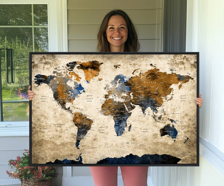 51140-MGV-CV-36X24-Vintage World Map Canvas Print - Framed, Ready to Hang, Rustic Global Map Art for Home and Office Decor