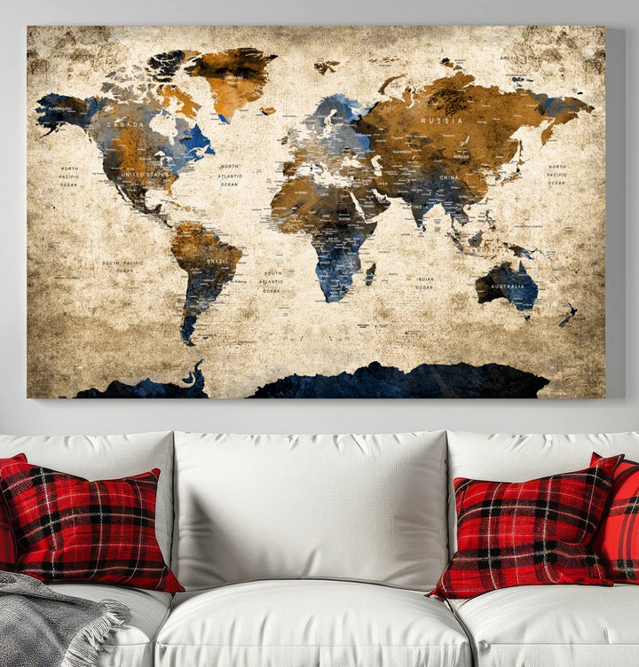 Vintage World Map Canvas Print - Framed, Ready to Hang, Rustic Global Map Art for Home and Office Decor