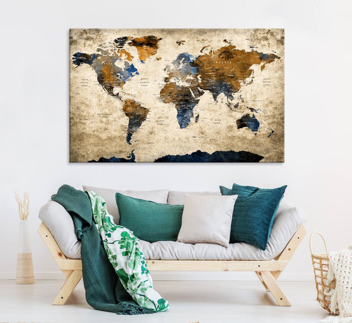 Vintage World Map Canvas Print - Framed, Ready to Hang, Rustic Global Map Art for Home and Office Decor