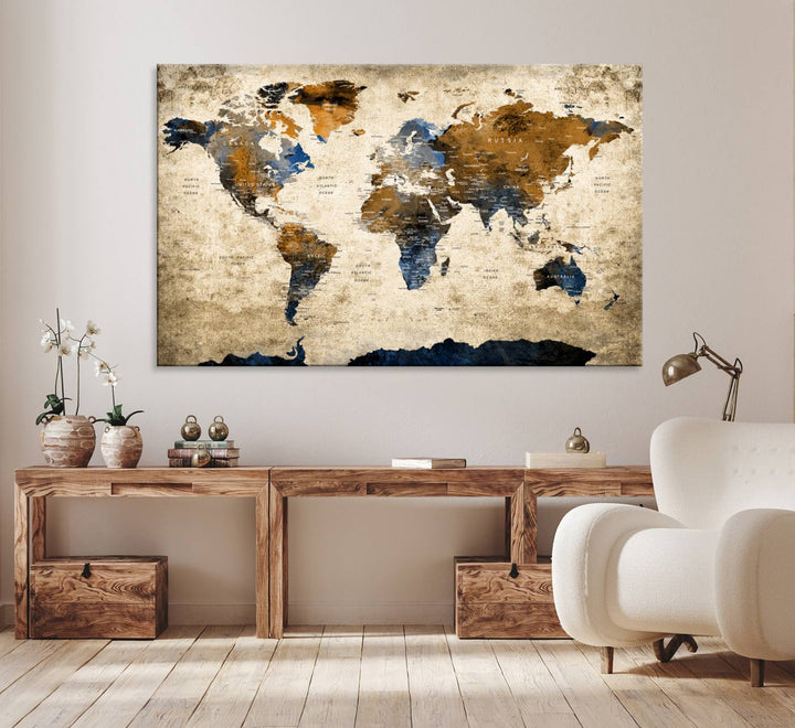 Vintage World Map Canvas Print - Framed, Ready to Hang, Rustic Global Map Art for Home and Office Decor