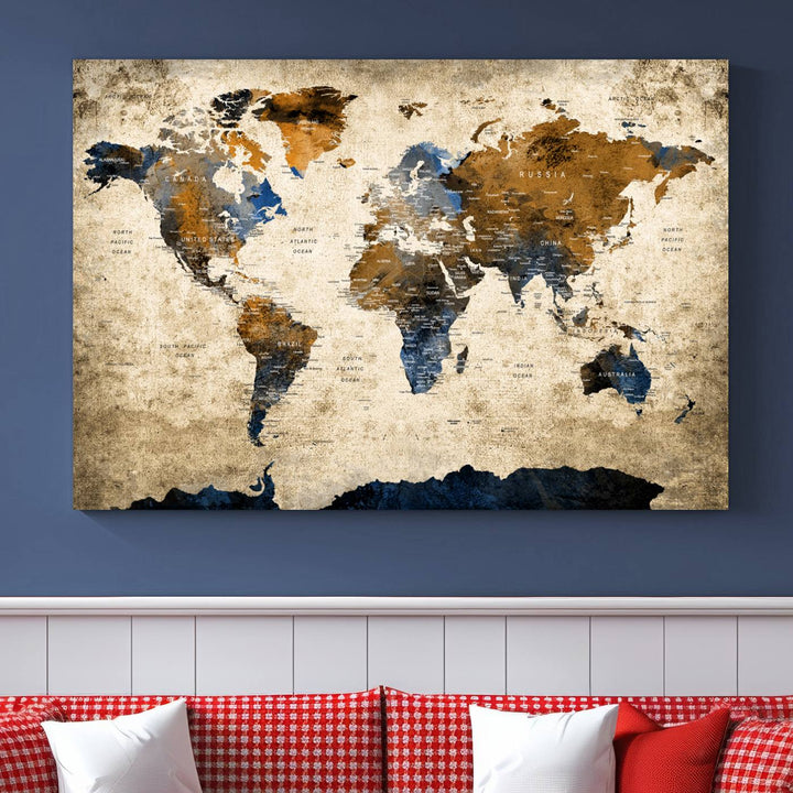 Vintage World Map Canvas Print - Framed, Ready to Hang, Rustic Global Map Art for Home and Office Decor