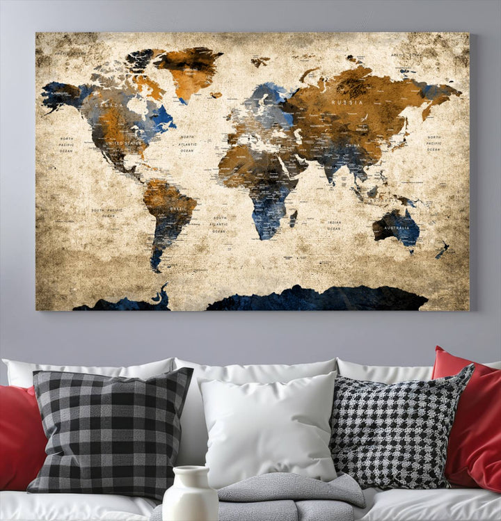 Vintage World Map Canvas Print - Framed, Ready to Hang, Rustic Global Map Art for Home and Office Decor