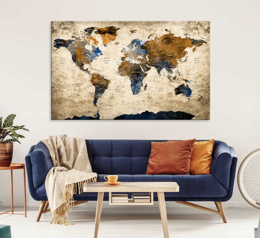 Vintage World Map Canvas Print - Framed, Ready to Hang, Rustic Global Map Art for Home and Office Decor