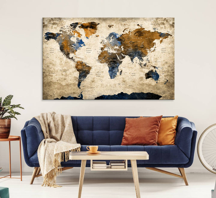 Vintage World Map Canvas Print - Framed, Ready to Hang, Rustic Global Map Art for Home and Office Decor