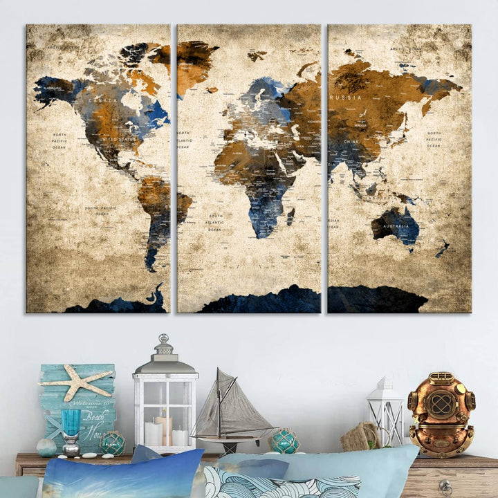 Vintage World Map Canvas Print - Framed, Ready to Hang, Rustic Global Map Art for Home and Office Decor