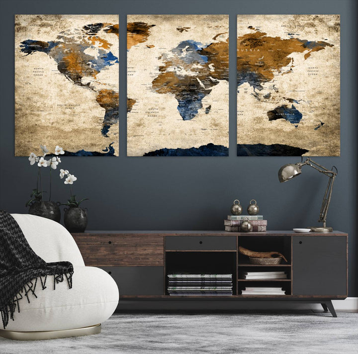 Vintage World Map Canvas Print - Framed, Ready to Hang, Rustic Global Map Art for Home and Office Decor