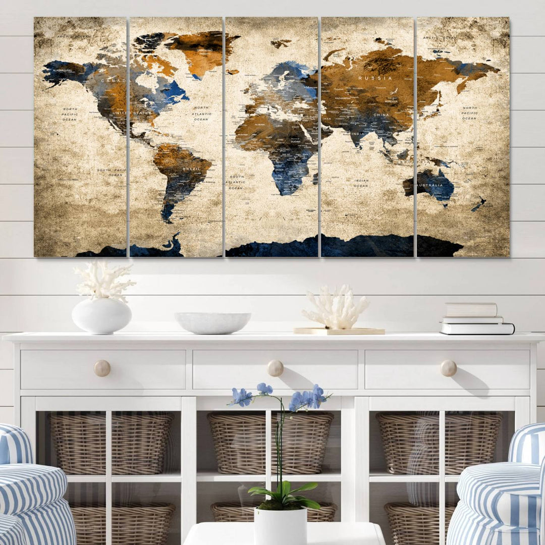 51140-MGV-CV-60X31-5P-Vintage World Map Canvas Print - Framed, Ready to Hang, Rustic Global Map Art for Home and Office Decor