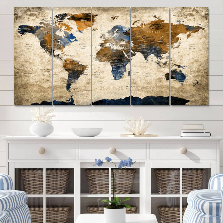 51140-MGV-CV-60X31-5P-Vintage World Map Canvas Print - Framed, Ready to Hang, Rustic Global Map Art for Home and Office Decor
