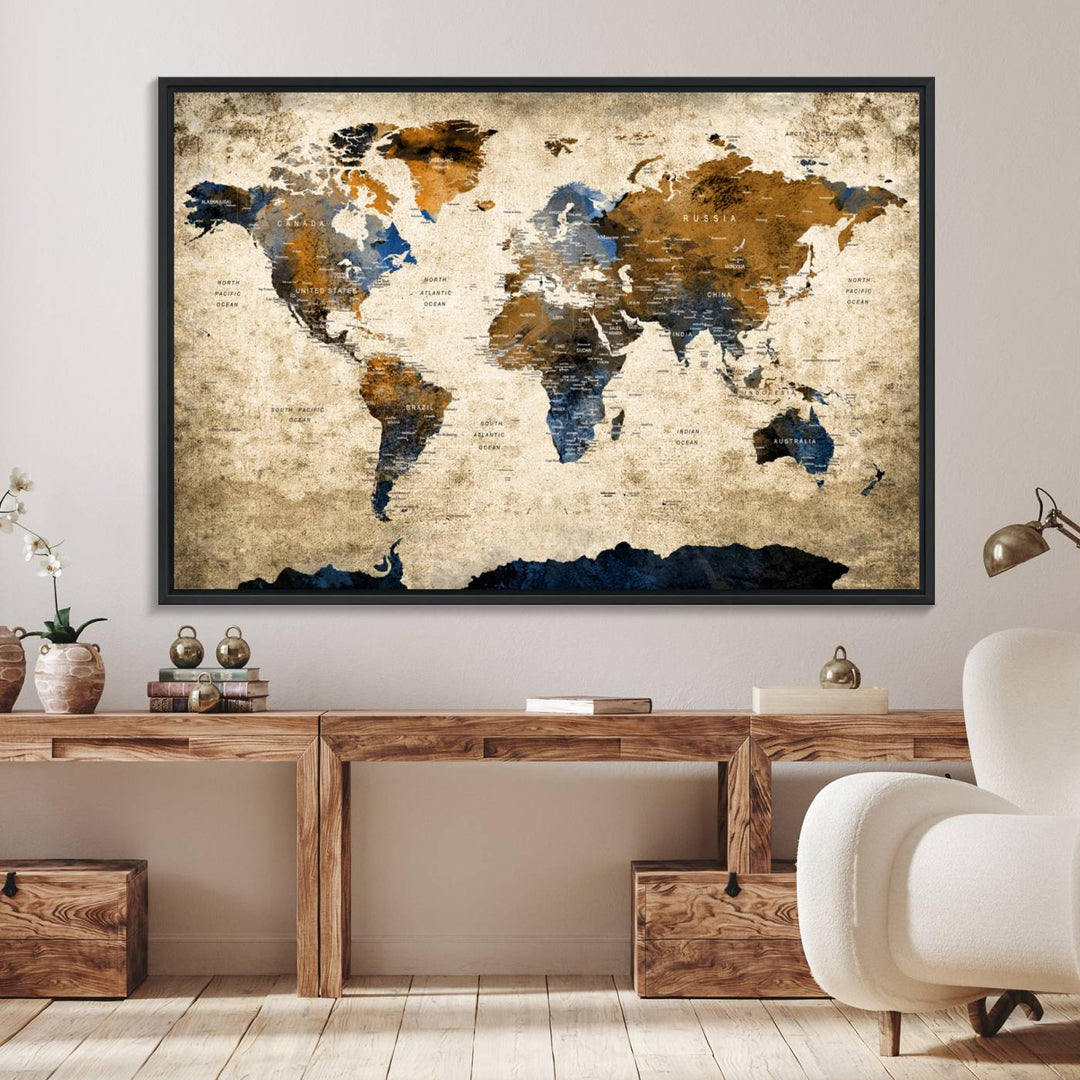 51140-MGV-FC-36X24_Black-Vintage World Map Canvas Print - Framed, Ready to Hang, Rustic Global Map Art for Home and Office Decor