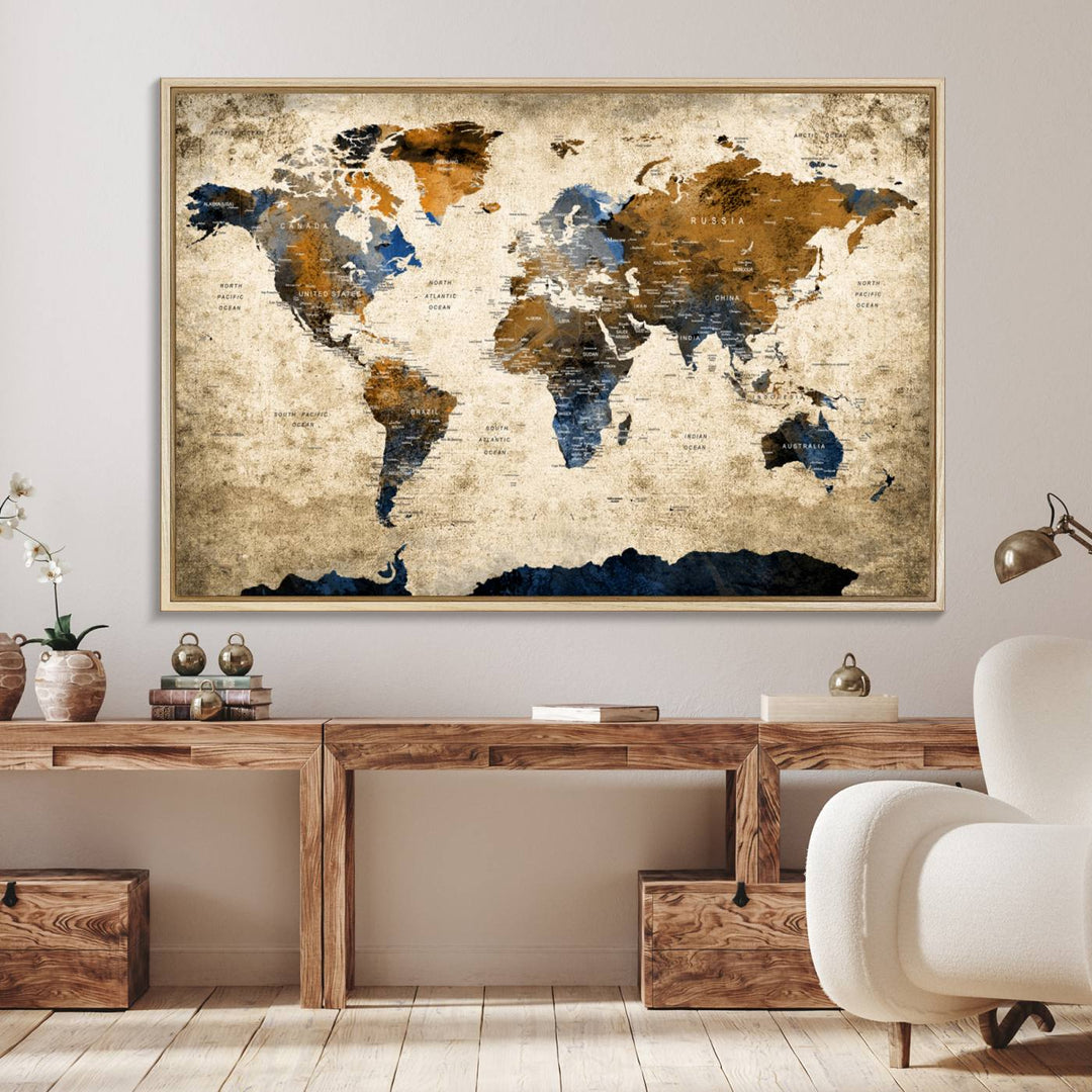 51140-MGV-FC-36X24_Natural-Vintage World Map Canvas Print - Framed, Ready to Hang, Rustic Global Map Art for Home and Office Decor