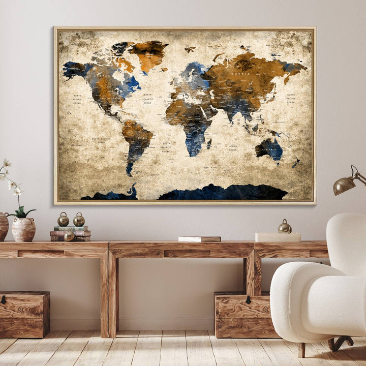 51140-MGV-FC-36X24_Natural-Vintage World Map Canvas Print - Framed, Ready to Hang, Rustic Global Map Art for Home and Office Decor