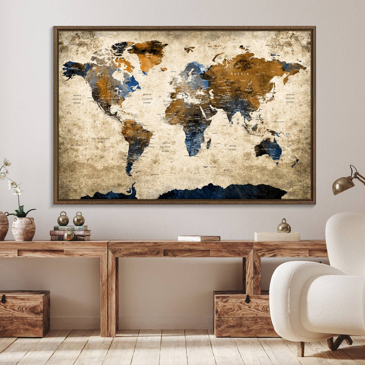 51140-MGV-FC-36X24_Walnut-Vintage World Map Canvas Print - Framed, Ready to Hang, Rustic Global Map Art for Home and Office Decor