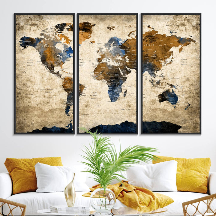 51140-MGV-FC-48X32-3P_Black-Vintage World Map Canvas Print - Framed, Ready to Hang, Rustic Global Map Art for Home and Office Decor