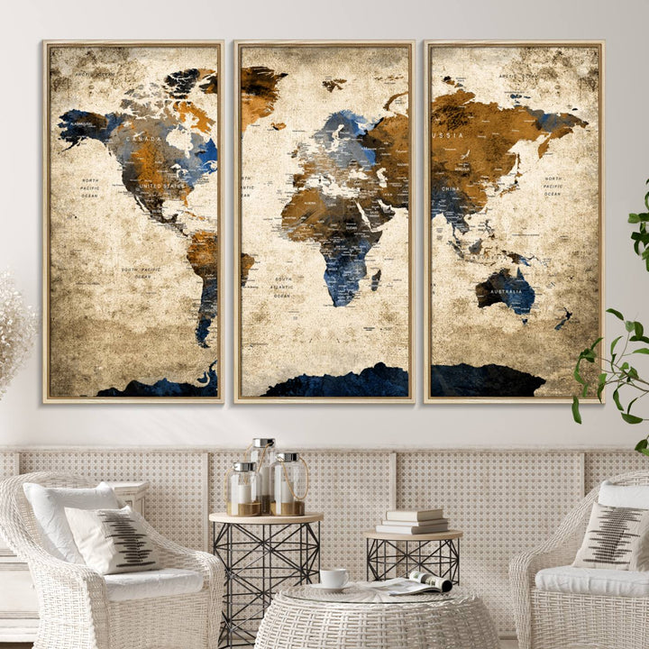 51140-MGV-FC-48X32-3P_Natural-Vintage World Map Canvas Print - Framed, Ready to Hang, Rustic Global Map Art for Home and Office Decor