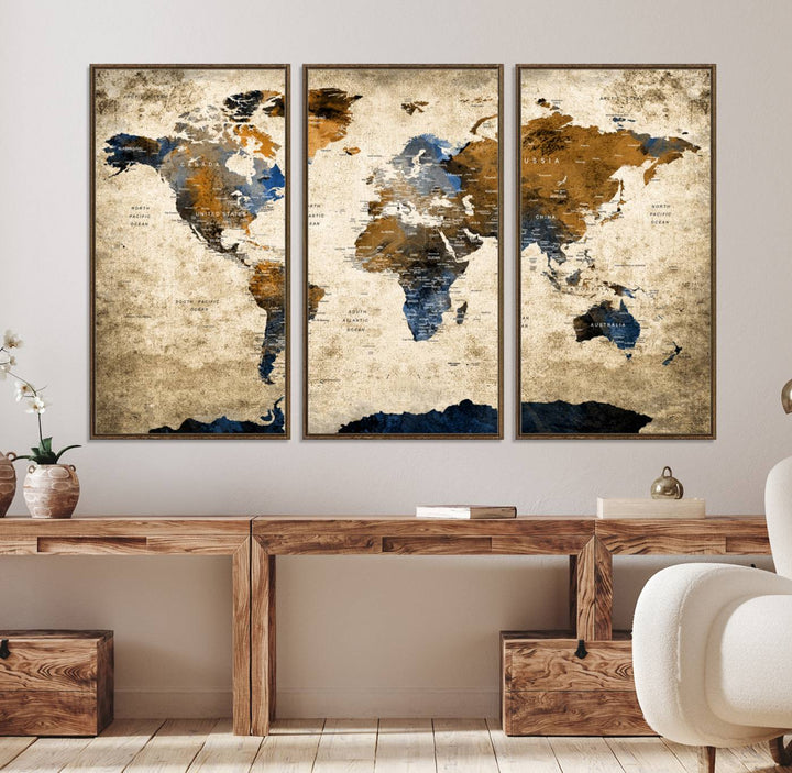 Vintage World Map Canvas Print - Framed, Ready to Hang, Rustic Global Map Art for Home and Office Decor