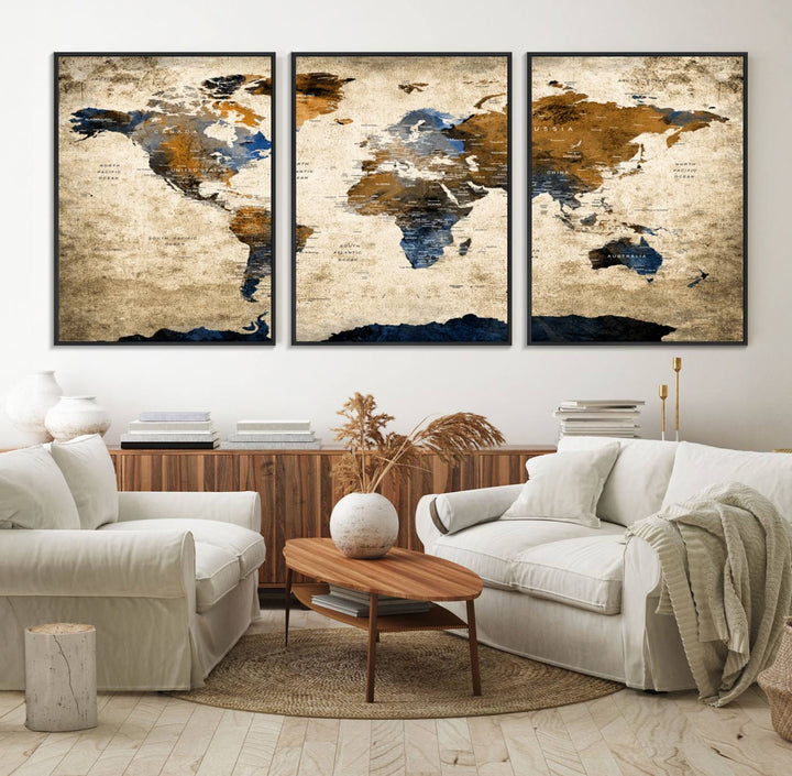 51140-MGV-FC-60X30-3P_Black-Vintage World Map Canvas Print - Framed, Ready to Hang, Rustic Global Map Art for Home and Office Decor