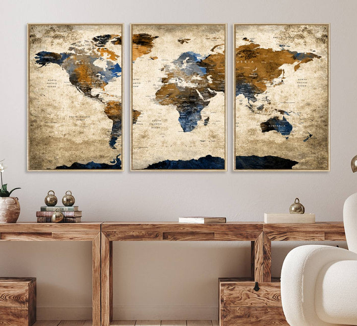 51140-MGV-FC-60X30-3P_Natural-Vintage World Map Canvas Print - Framed, Ready to Hang, Rustic Global Map Art for Home and Office Decor