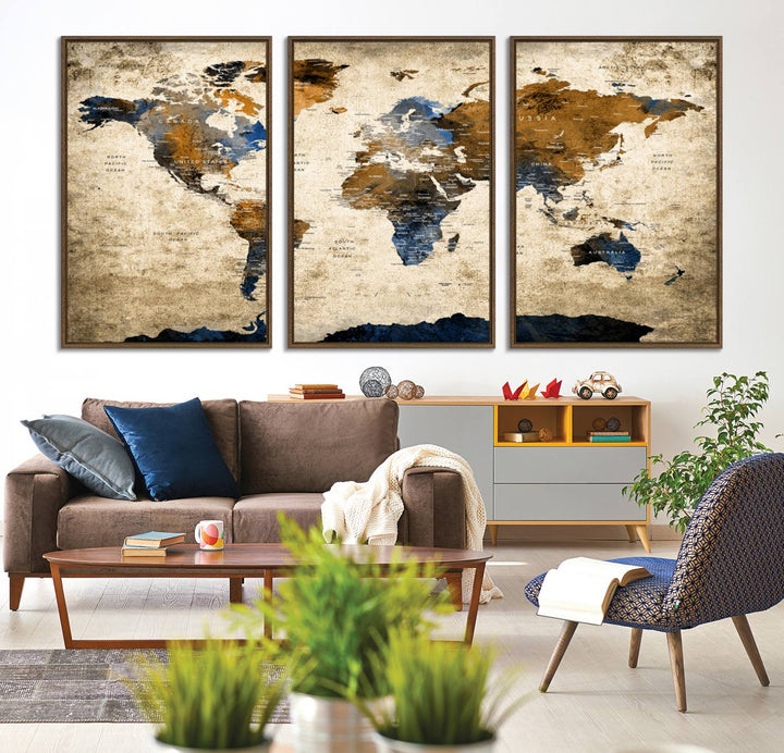 51140-MGV-FC-60X30-3P_Walnut-Vintage World Map Canvas Print - Framed, Ready to Hang, Rustic Global Map Art for Home and Office Decor