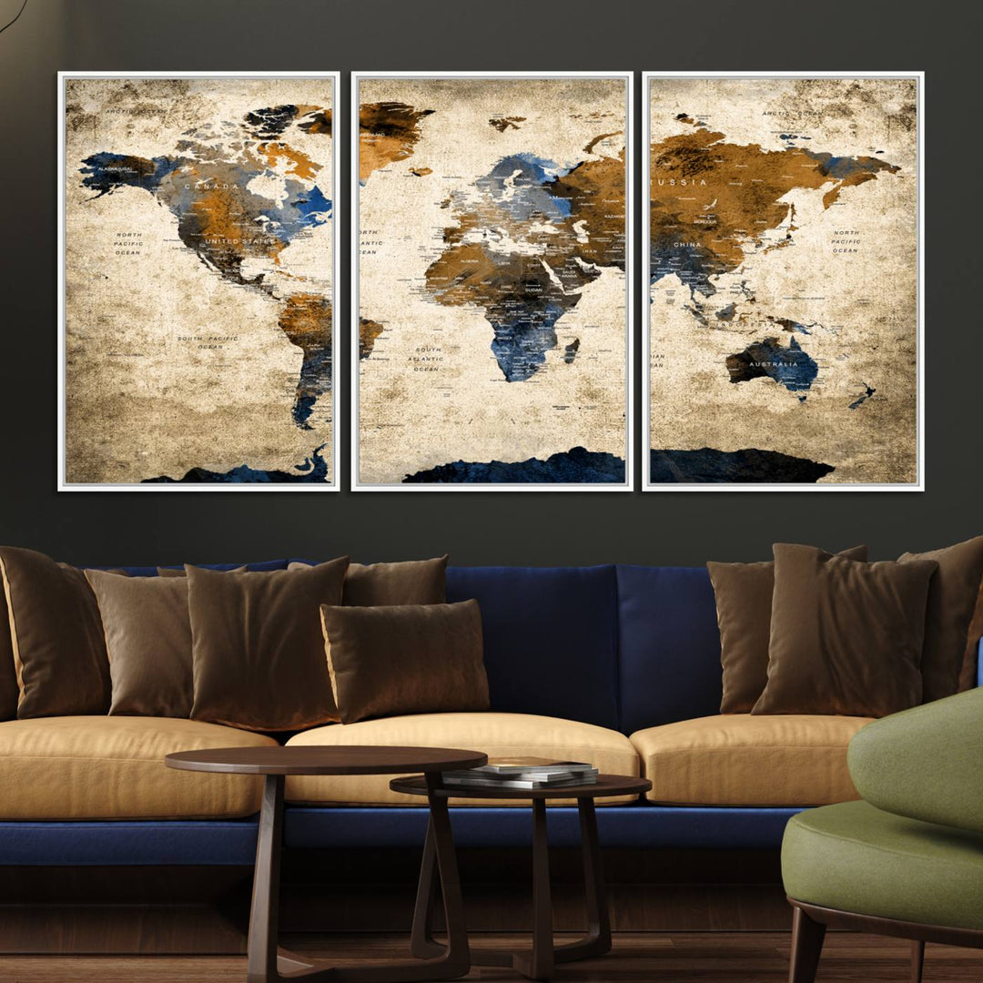 51140-MGV-FC-60X30-3P_White-Vintage World Map Canvas Print - Framed, Ready to Hang, Rustic Global Map Art for Home and Office Decor