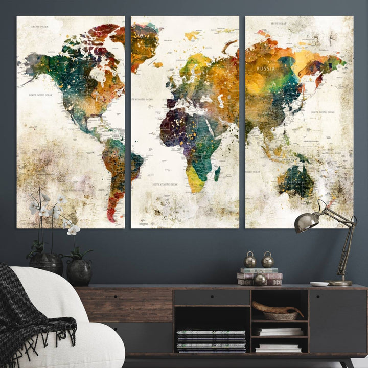Vintage World Map Canvas Wall Art | 3-Panel Antique Map Decor for Living Room, Decor Wall Art