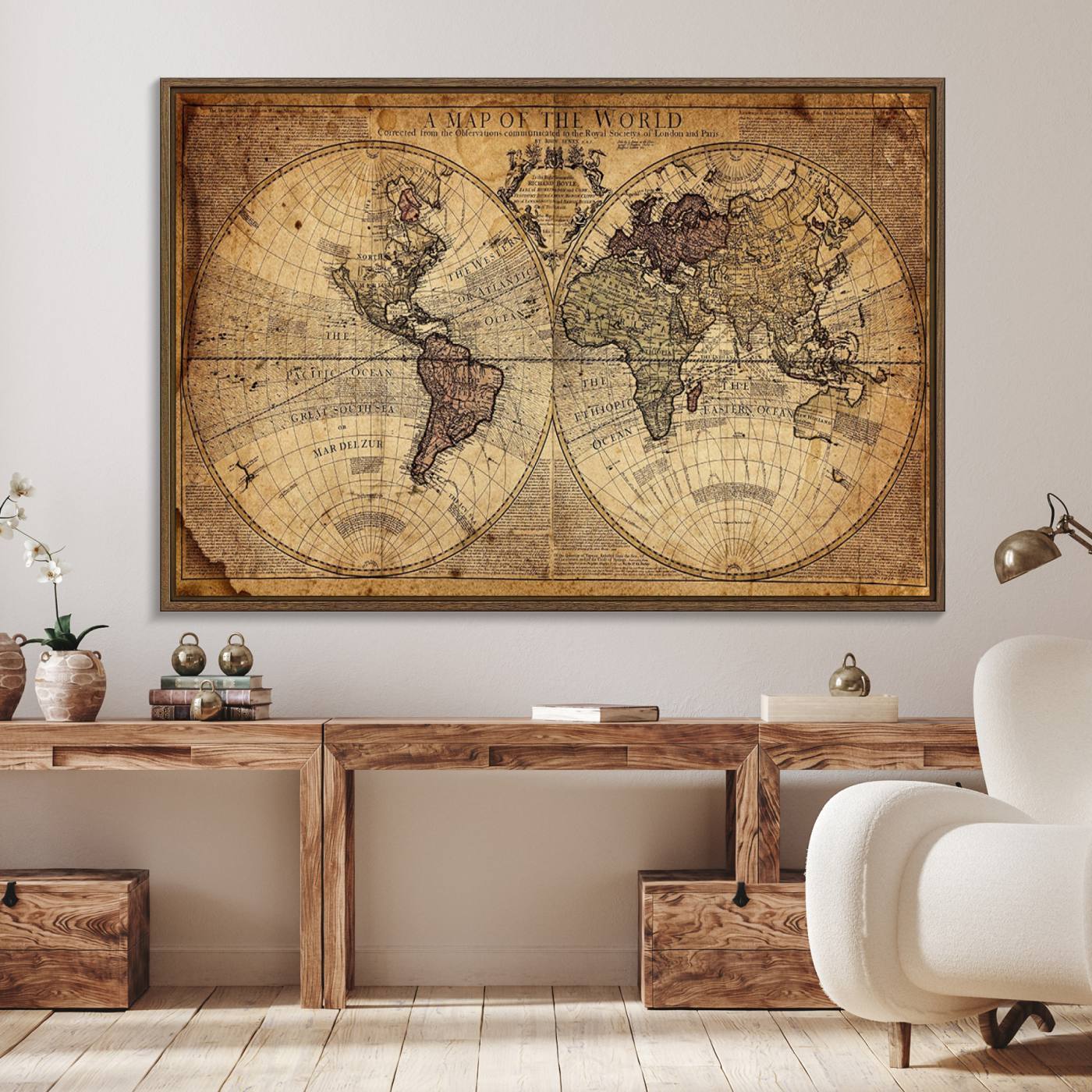 Ant1001-MGV-CV-36X24-Vintage World Map Canvas Wall Art - Antique-Inspired World Map Print for Home or Office Decor, Framed Artwork with Timeless Charm