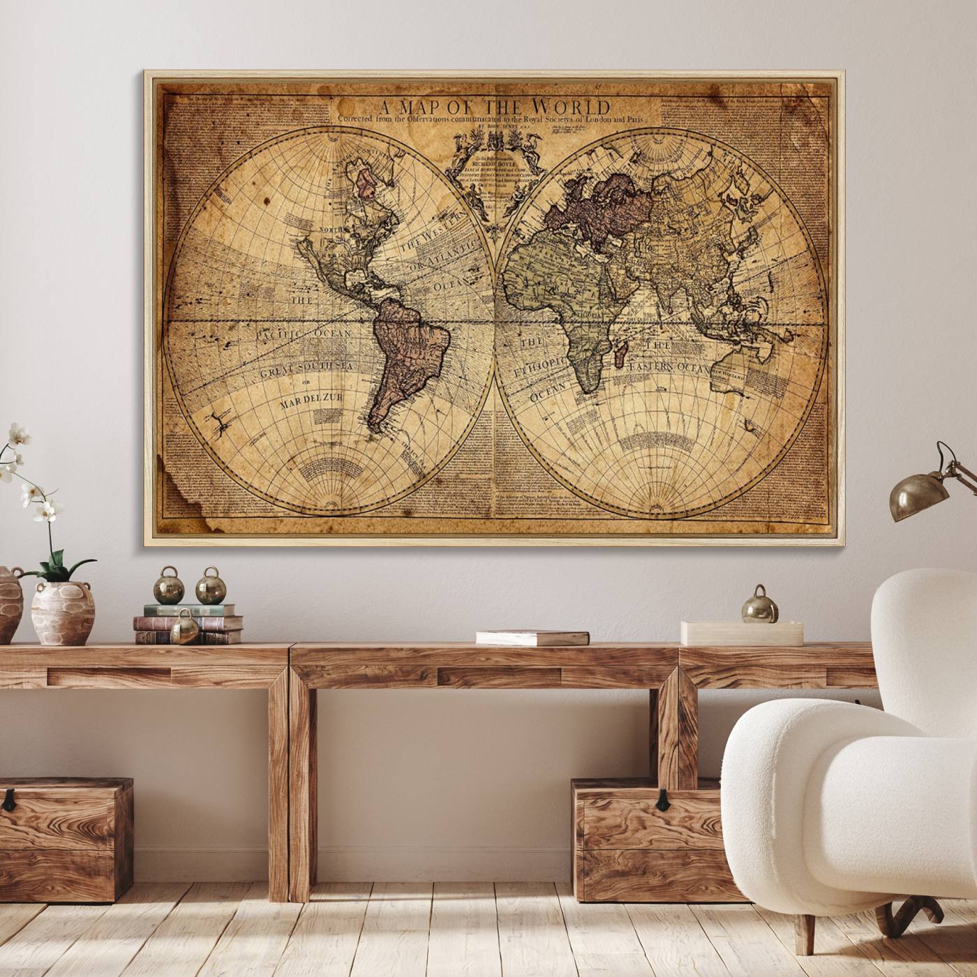 Ant1001-MGV-CV-36X24-Vintage World Map Canvas Wall Art - Antique-Inspired World Map Print for Home or Office Decor, Framed Artwork with Timeless Charm