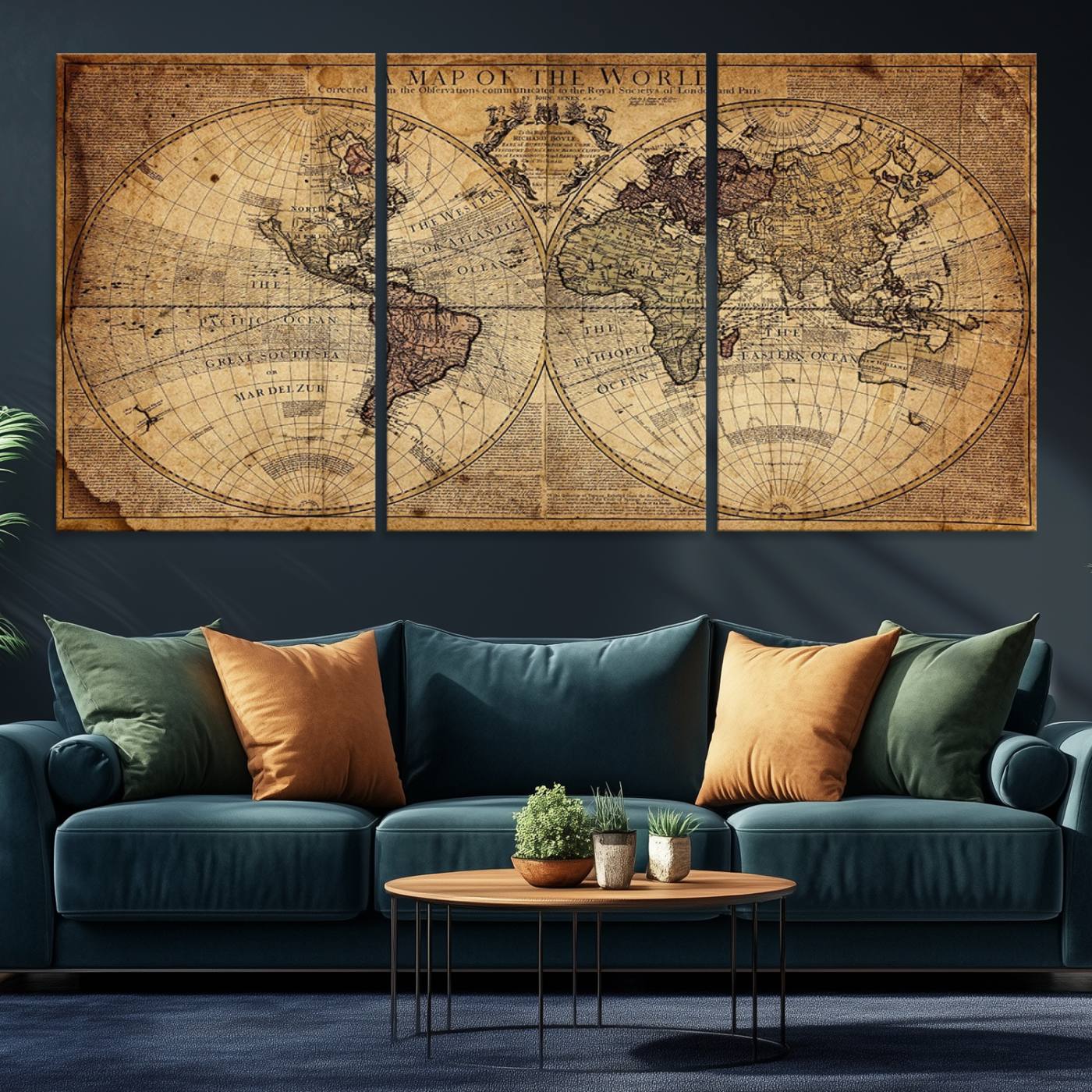 Ant1001-MGV-CV-36X24-Vintage World Map Canvas Wall Art - Antique-Inspired World Map Print for Home or Office Decor, Framed Artwork with Timeless Charm