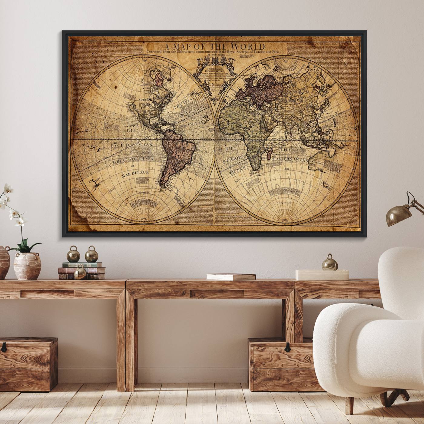 Ant1001-MGV-CV-36X24-Vintage World Map Canvas Wall Art - Antique-Inspired World Map Print for Home or Office Decor, Framed Artwork with Timeless Charm