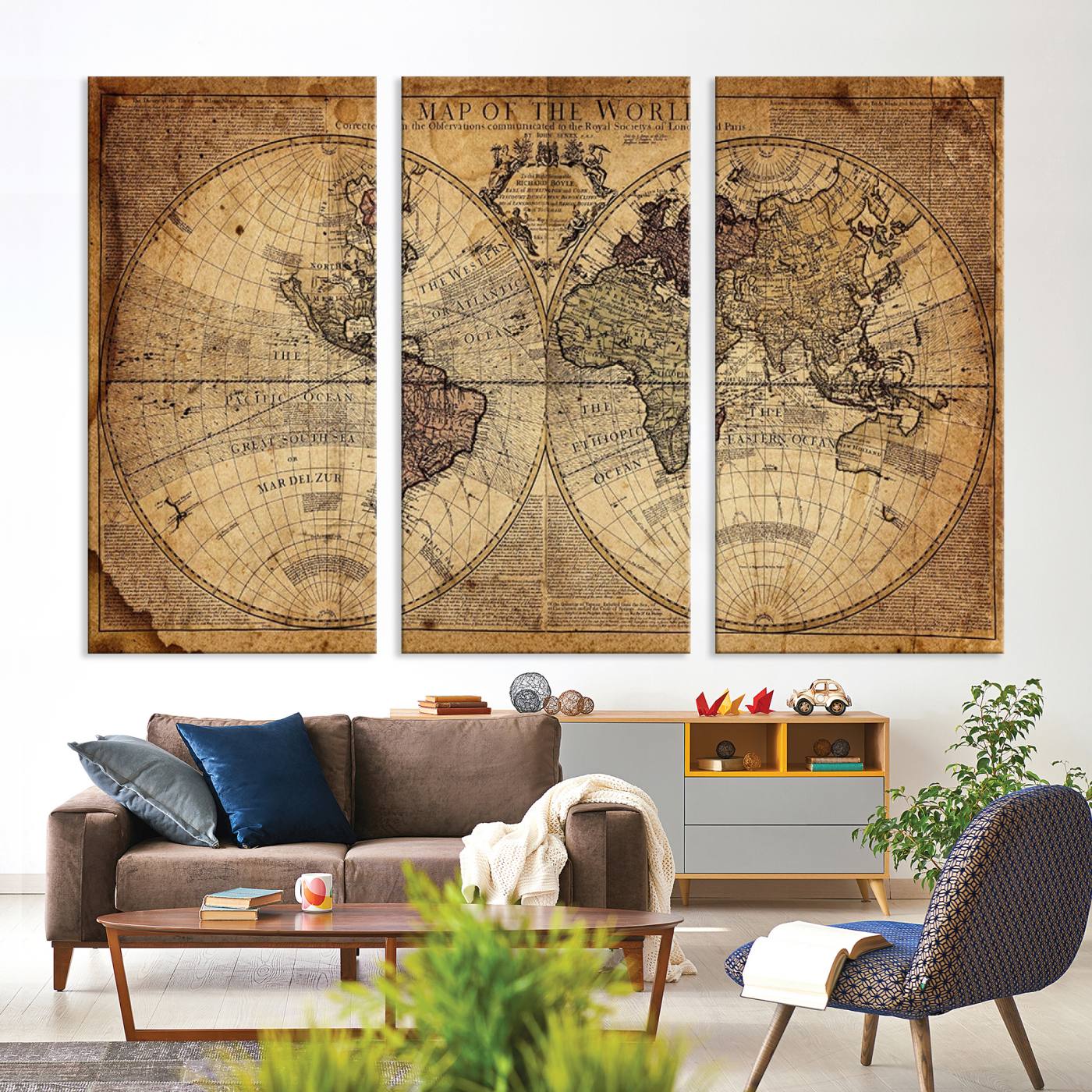 Ant1001-MGV-CV-36X24-Vintage World Map Canvas Wall Art - Antique-Inspired World Map Print for Home or Office Decor, Framed Artwork with Timeless Charm