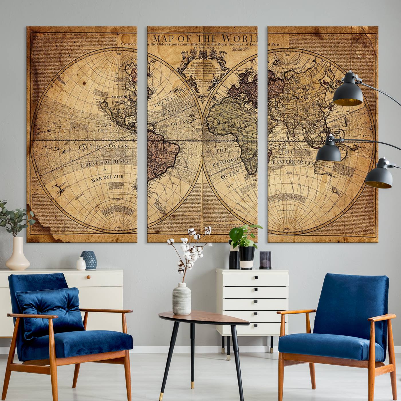 Ant1001-MGV-CV-36X24-Vintage World Map Canvas Wall Art - Antique-Inspired World Map Print for Home or Office Decor, Framed Artwork with Timeless Charm