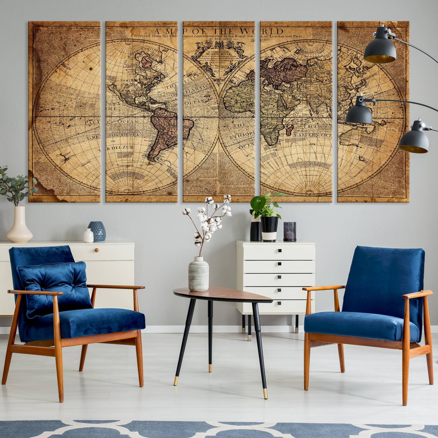 Ant1001-MGV-CV-36X24-Vintage World Map Canvas Wall Art - Antique-Inspired World Map Print for Home or Office Decor, Framed Artwork with Timeless Charm