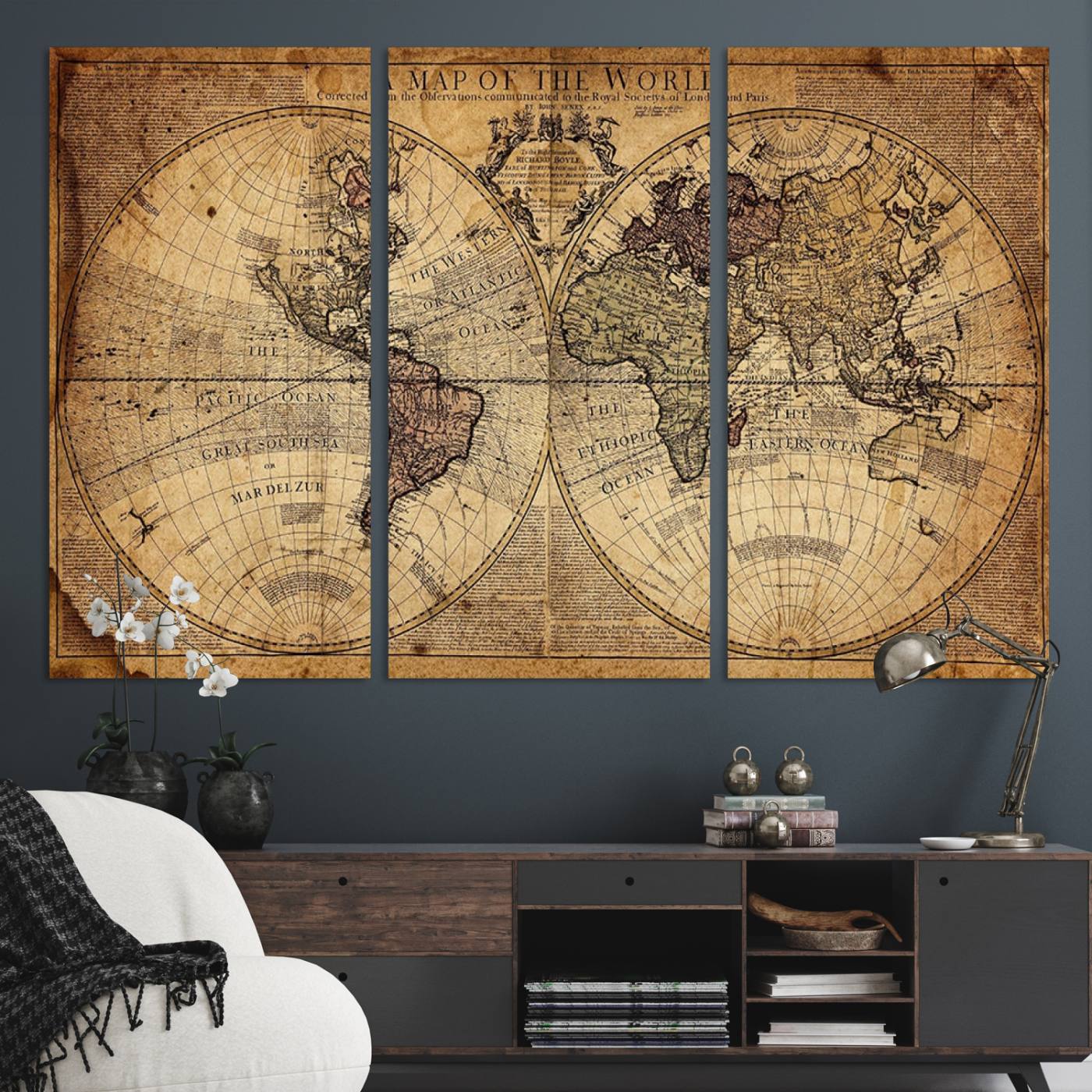 Ant1001-MGV-CV-48X32-3P-Vintage World Map Canvas Wall Art - Antique-Inspired World Map Print for Home or Office Decor, Framed Artwork with Timeless Charm