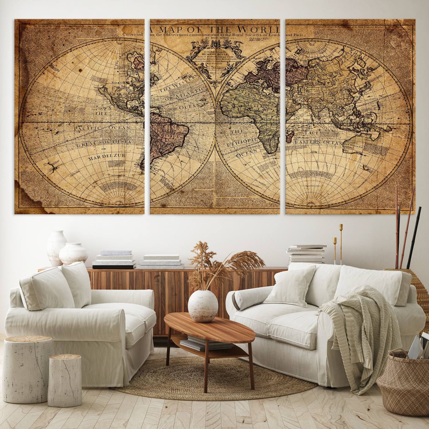 Ant1001-MGV-CV-60X30-3P-Vintage World Map Canvas Wall Art - Antique-Inspired World Map Print for Home or Office Decor, Framed Artwork with Timeless Charm