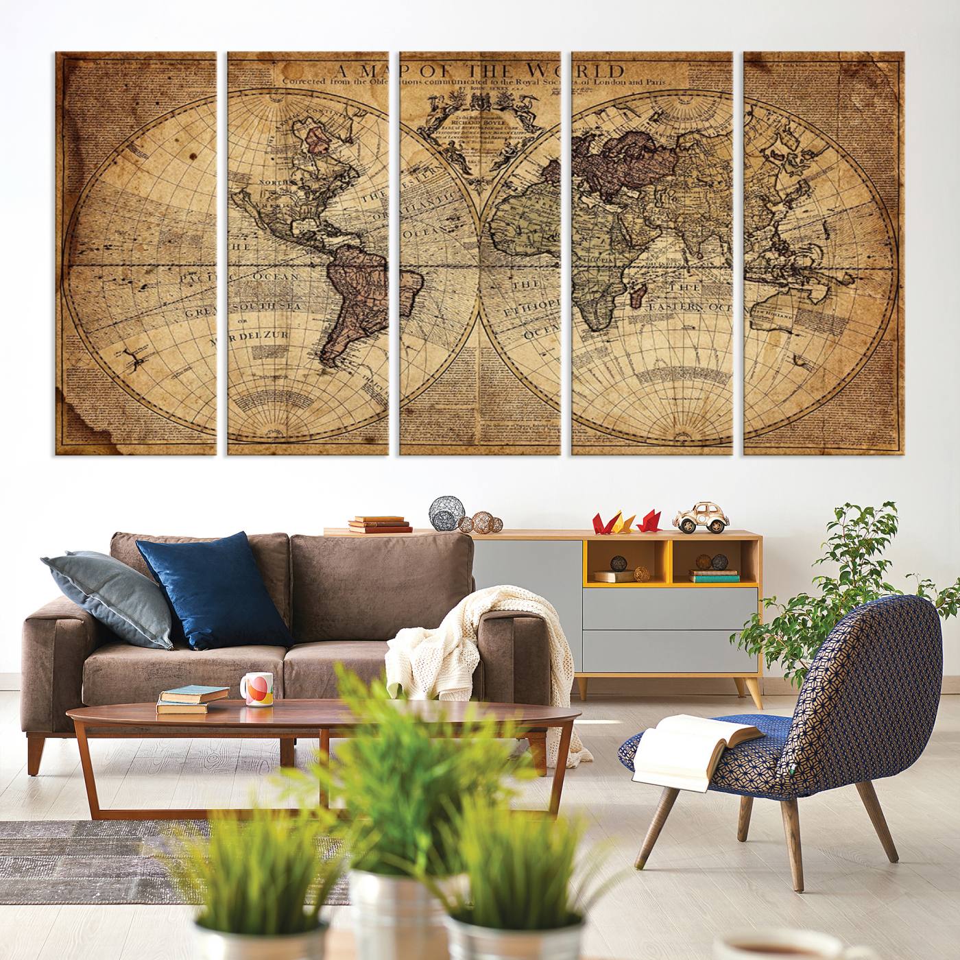 Ant1001-MGV-CV-60X31-5P-Vintage World Map Canvas Wall Art - Antique-Inspired World Map Print for Home or Office Decor, Framed Artwork with Timeless Charm