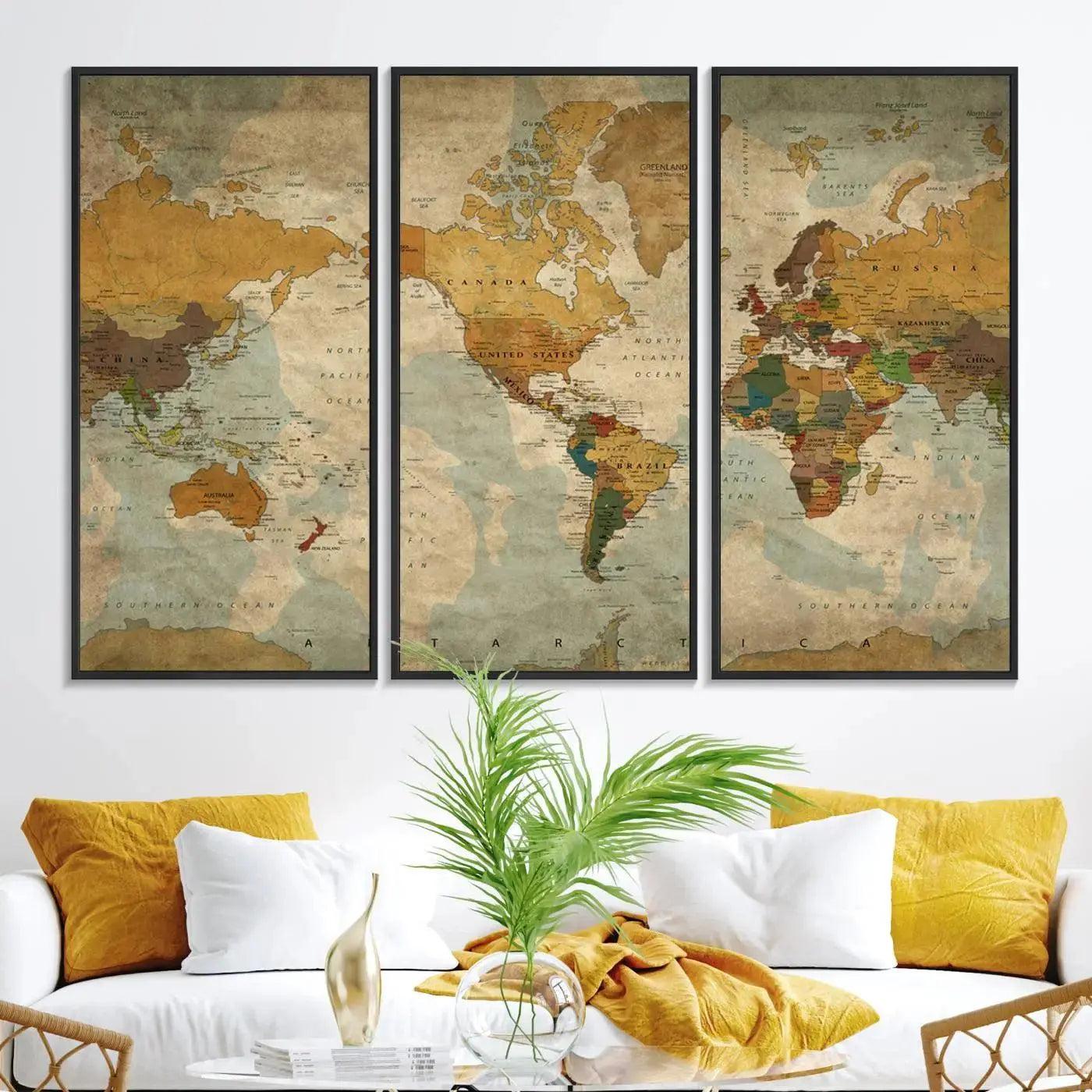 52482-MGV-CV-36X24-Vintage World Map Canvas Wall Art – Antique Triptych Map Print – Rustic Global Decor for Living Room or Office – Ready to Hang