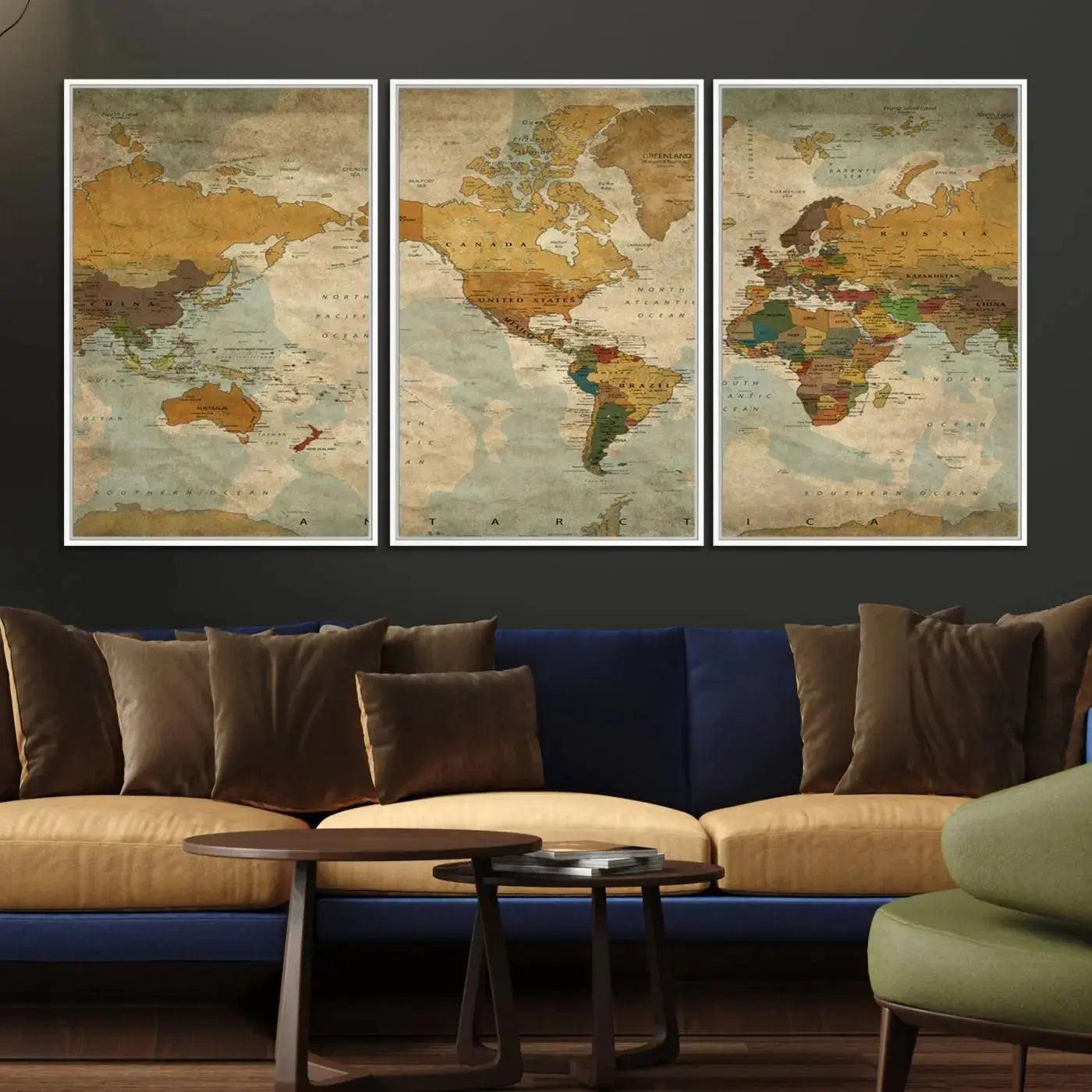 52482-MGV-CV-36X24-Vintage World Map Canvas Wall Art – Antique Triptych Map Print – Rustic Global Decor for Living Room or Office – Ready to Hang