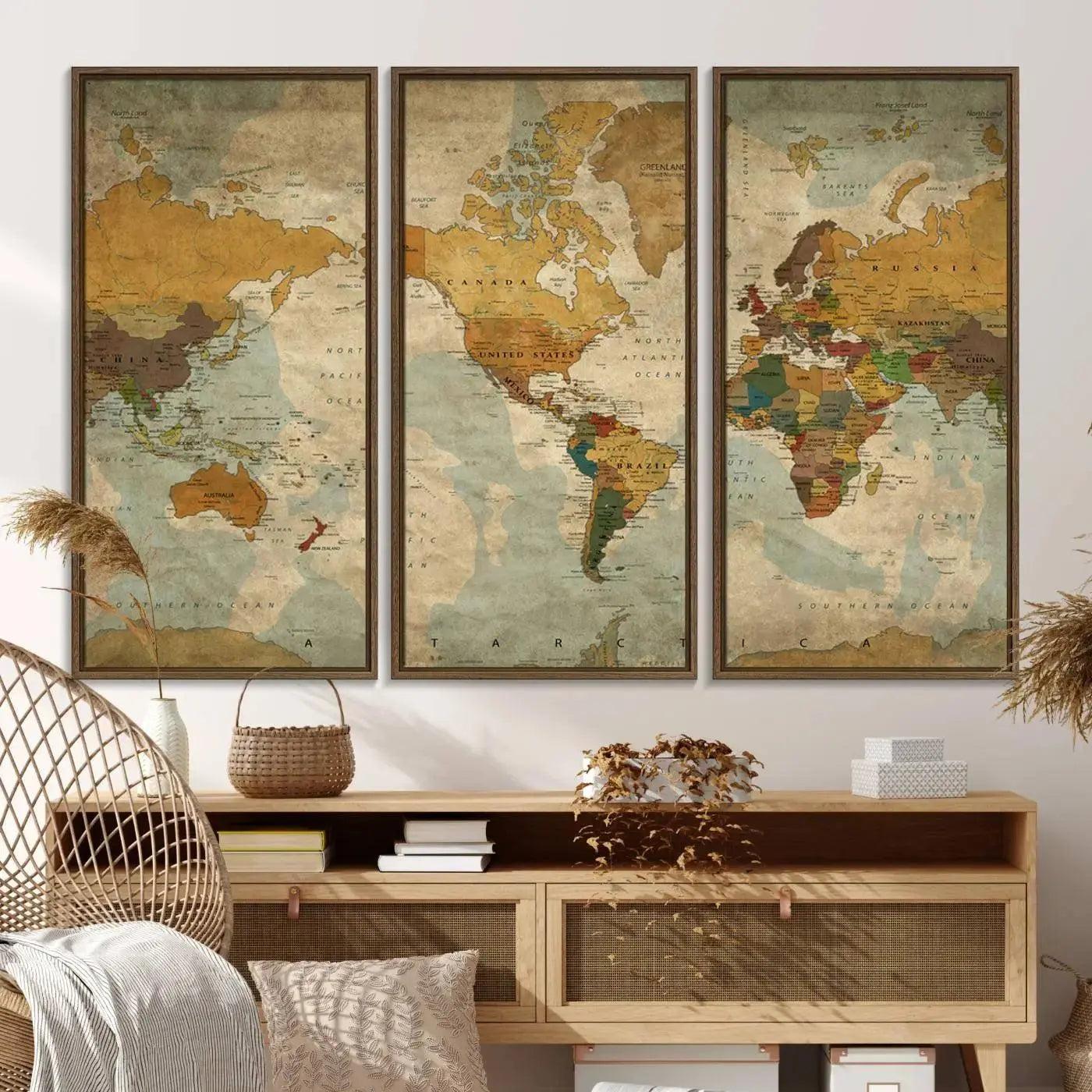 52482-MGV-CV-36X24-Vintage World Map Canvas Wall Art – Antique Triptych Map Print – Rustic Global Decor for Living Room or Office – Ready to Hang