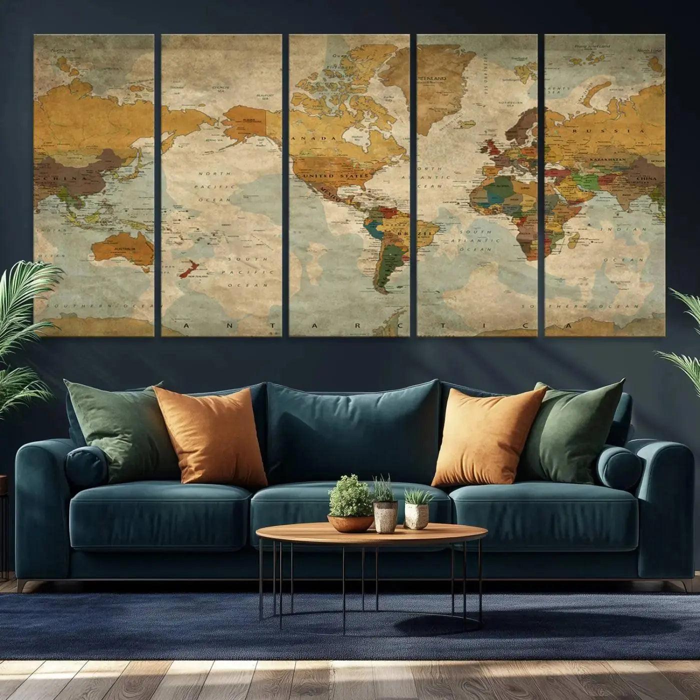 Vintage World Map Canvas Wall Art – Antique Triptych Map Print – Rustic Global Decor for Living Room or Office – Ready to Hang