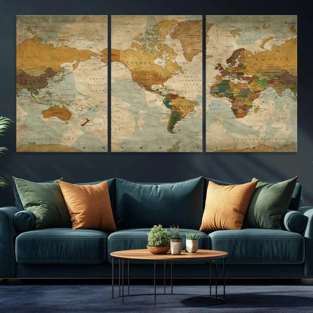 52482-MGV-CV-36X24-Vintage World Map Canvas Wall Art – Antique Triptych Map Print – Rustic Global Decor for Living Room or Office – Ready to Hang