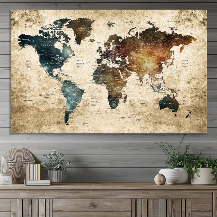 Vintage World Map Canvas Wall Art Print – Antique Style World Map Decor for Home or Office – Ready to Hang Historical Map Print
