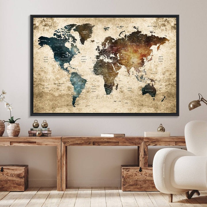 55201-MGV-FC-36X24_Black-Vintage World Map Canvas Wall Art Print – Antique Style World Map Decor for Home or Office – Ready to Hang Historical Map Print