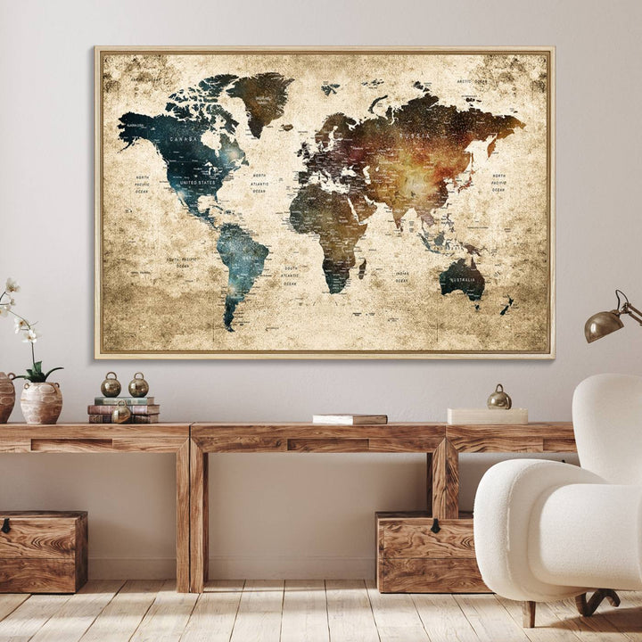 55201-MGV-FC-36X24_Natural-Vintage World Map Canvas Wall Art Print – Antique Style World Map Decor for Home or Office – Ready to Hang Historical Map Print