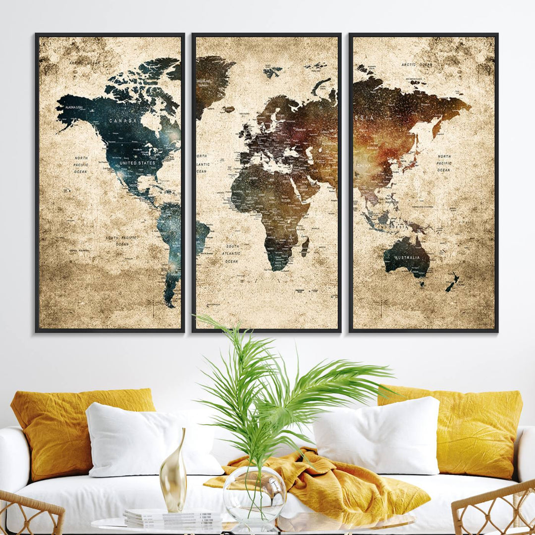 55201-MGV-FC-48X32-3P_Black-Vintage World Map Canvas Wall Art Print – Antique Style World Map Decor for Home or Office – Ready to Hang Historical Map Print