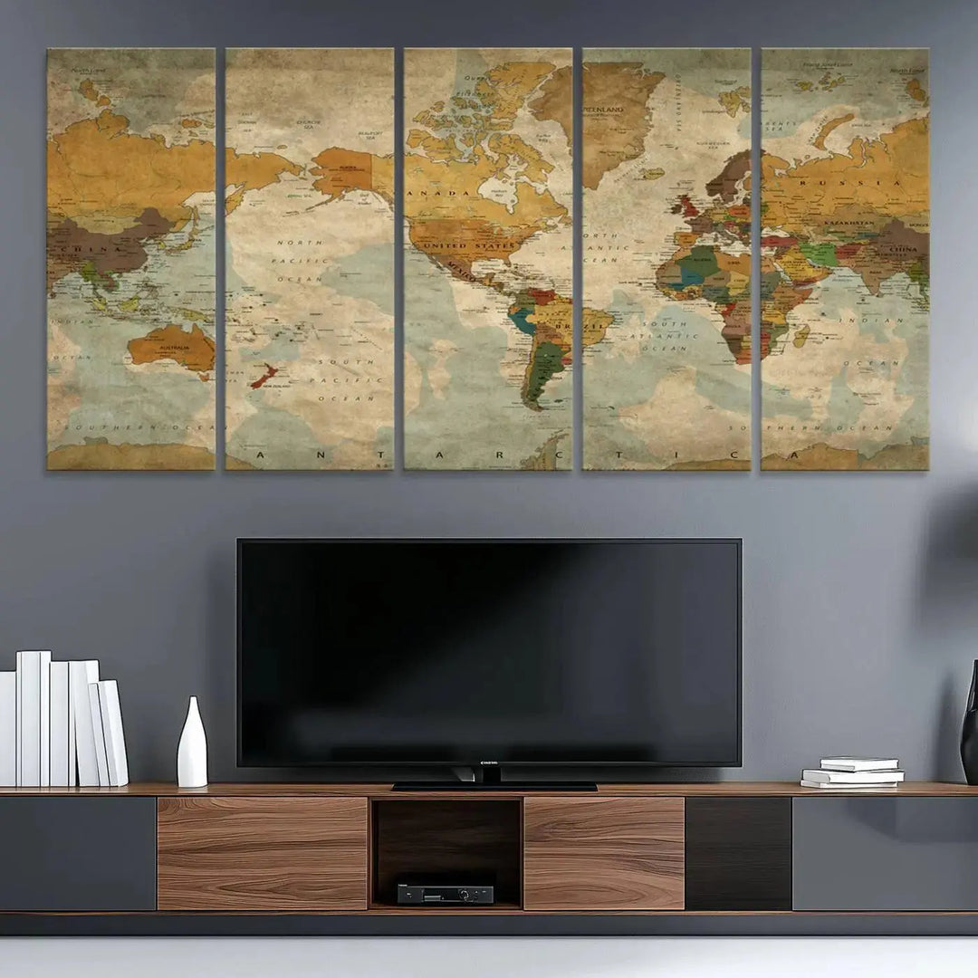 Vintage World Map Canvas Wall Art – Antique Triptych Map Print – Rustic Global Decor for Living Room or Office – Ready to Hang