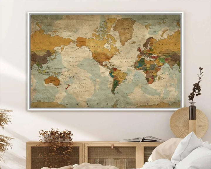 Vintage World Map Canvas Wall Art – Antique Triptych Map Print – Rustic Global Decor for Living Room or Office – Ready to Hang