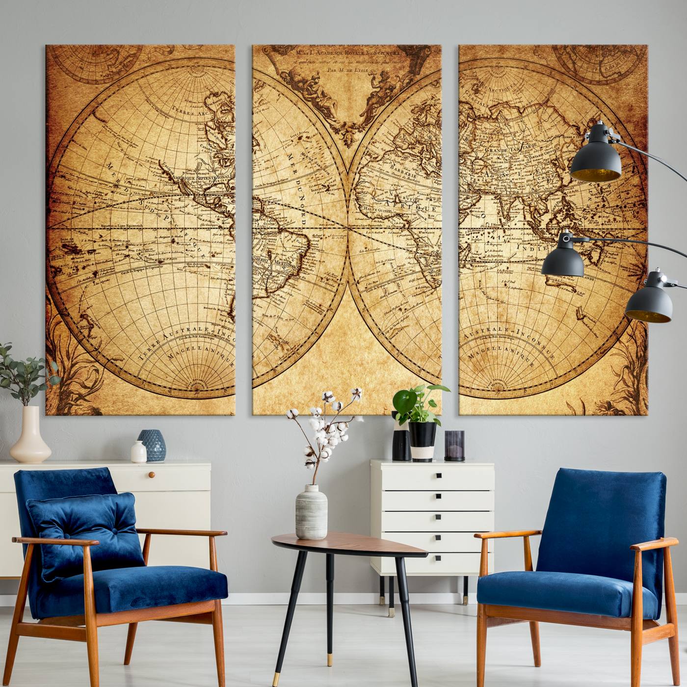 91276-MGV-CV-36X24-Vintage World Map Wall Art | 3-Panel Canvas Print for Living Room, Office, or Study | Giclee Canvas with Antique Design